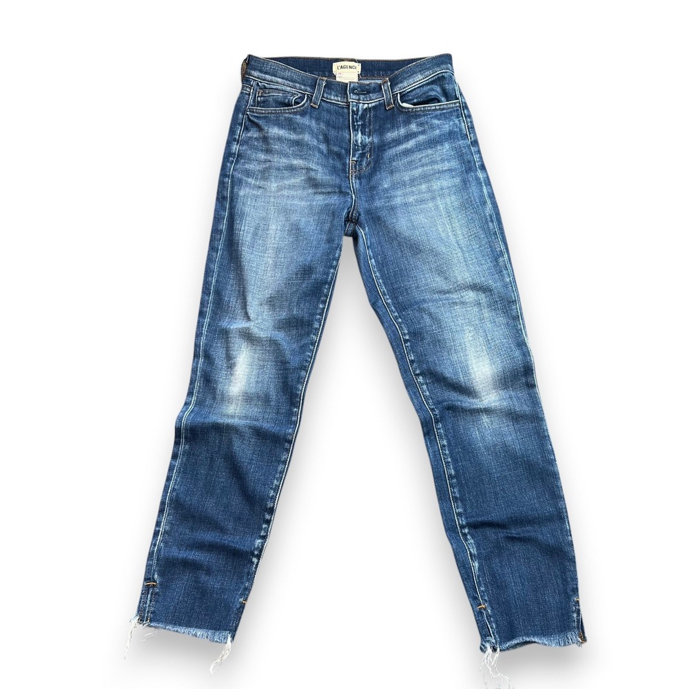 L'AGENCE Nicoline High Rise Slim Straight Jeans Raw Hem Vent Size 26 Medium Wash